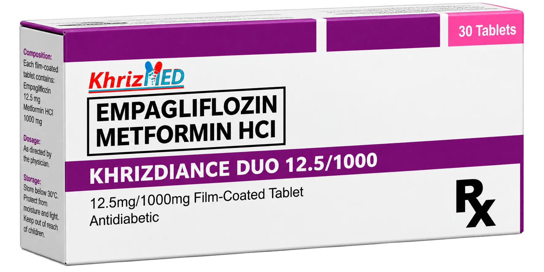 Khrizdiance Duo carton, Empagliflozin plus Metformin HCl 12.5 mg/1000 mg film-coated tablet